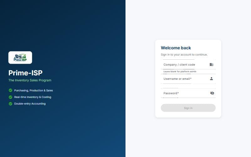 Prime ISP sign-in screen