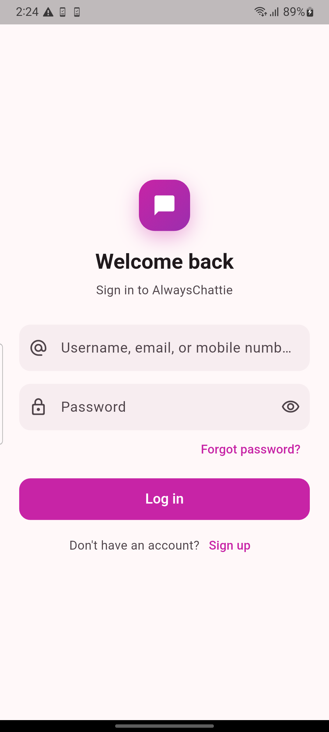 AlwaysChattie login screen