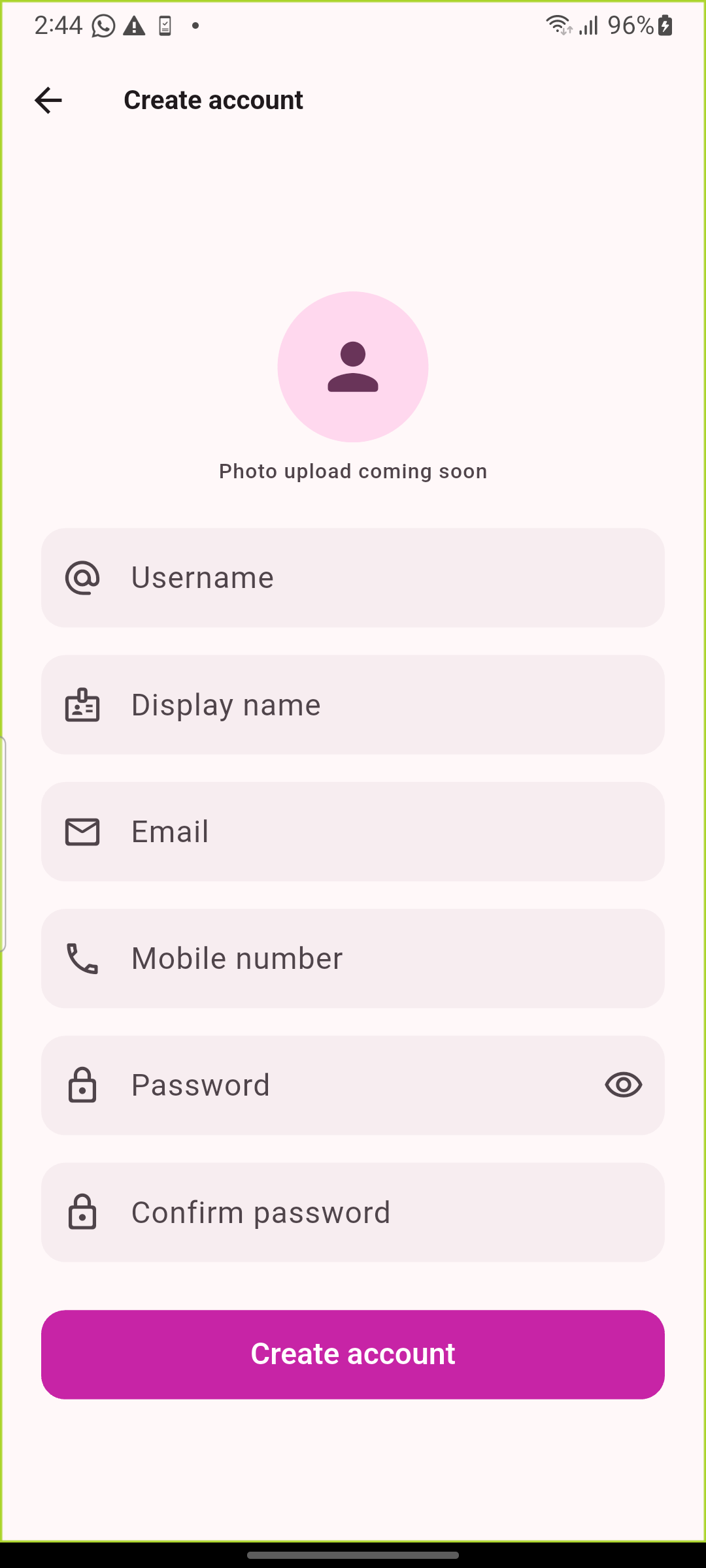 Create account screen