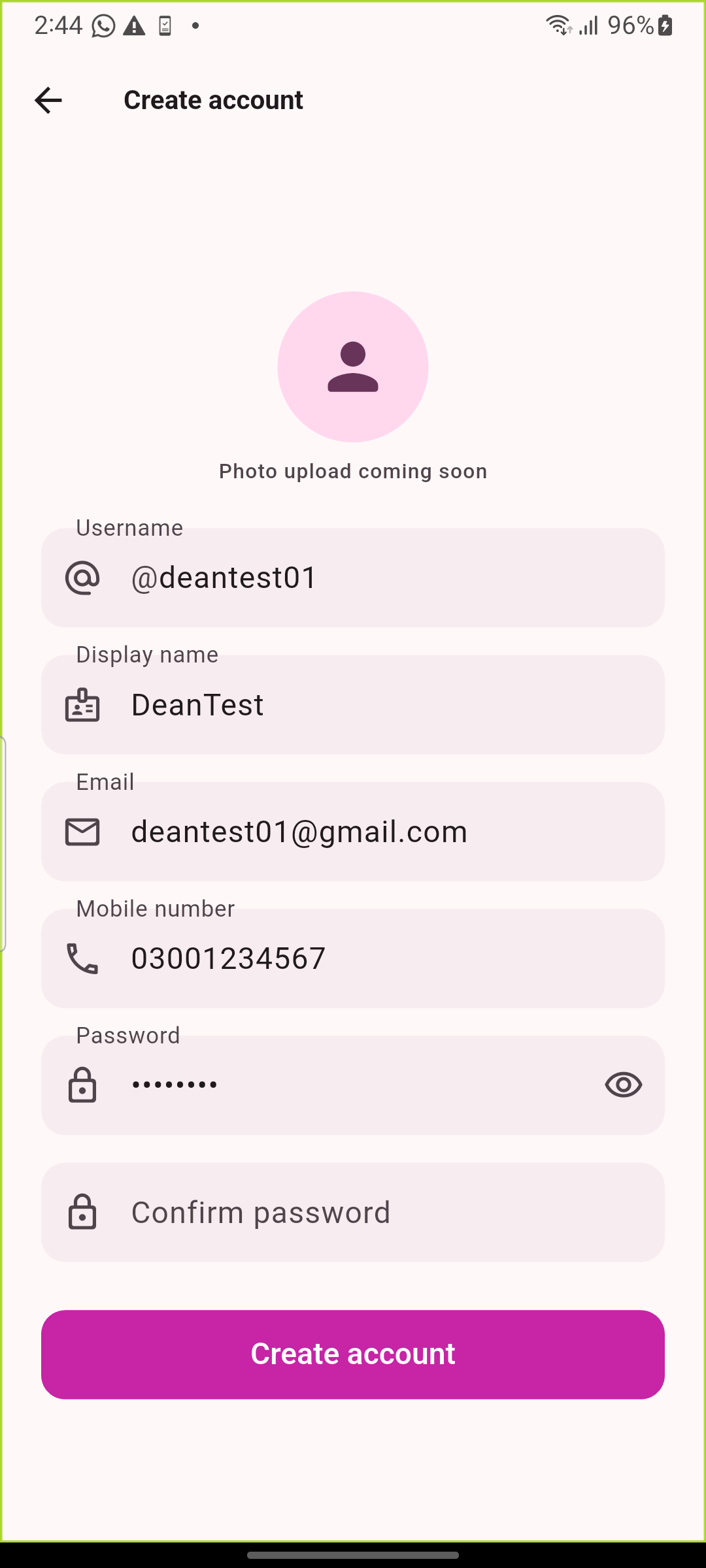 Create account screen with profile details
