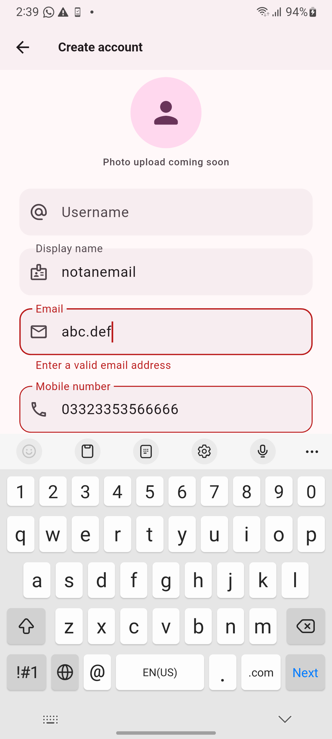 Registration form with live validation