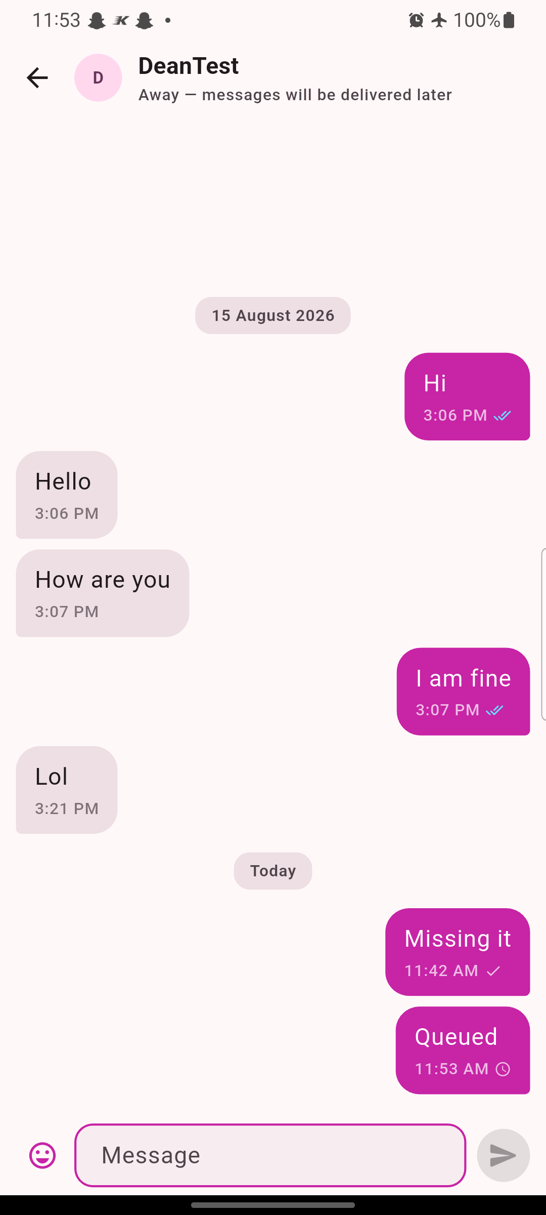 Offline conversation with a queued message awaiting delivery