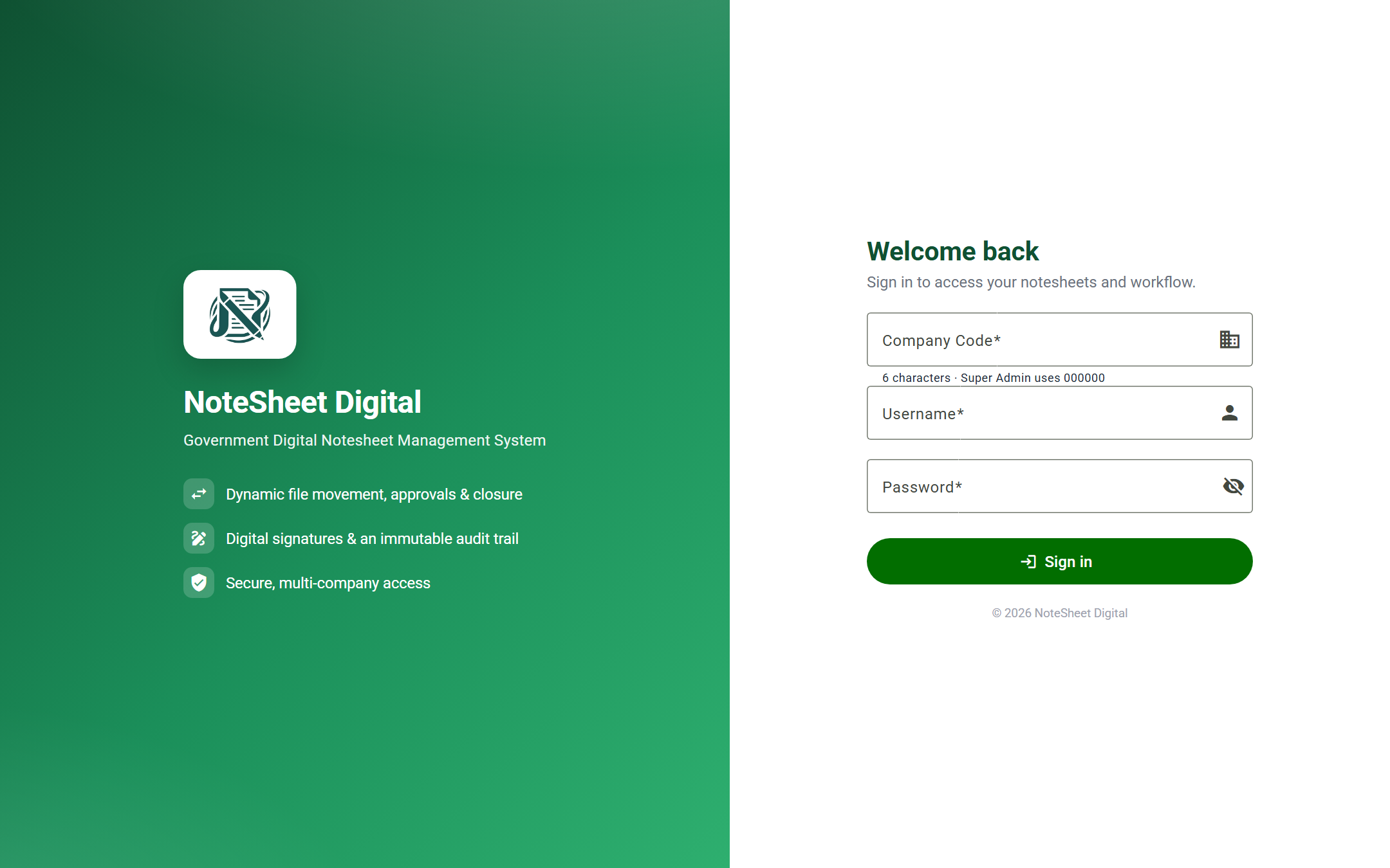 NoteSheet Digital sign-in screen