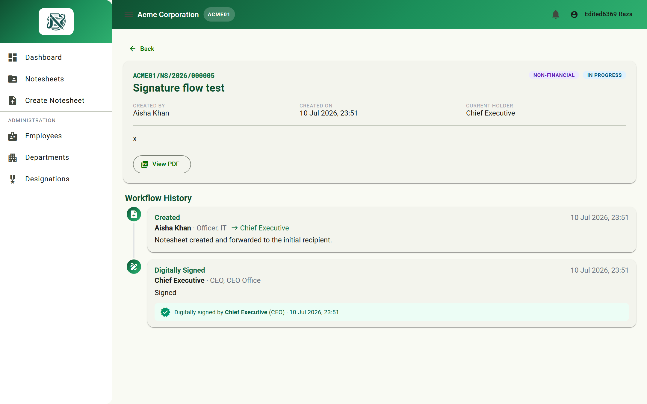 The NoteSheet — notesheet detail with workflow timeline
