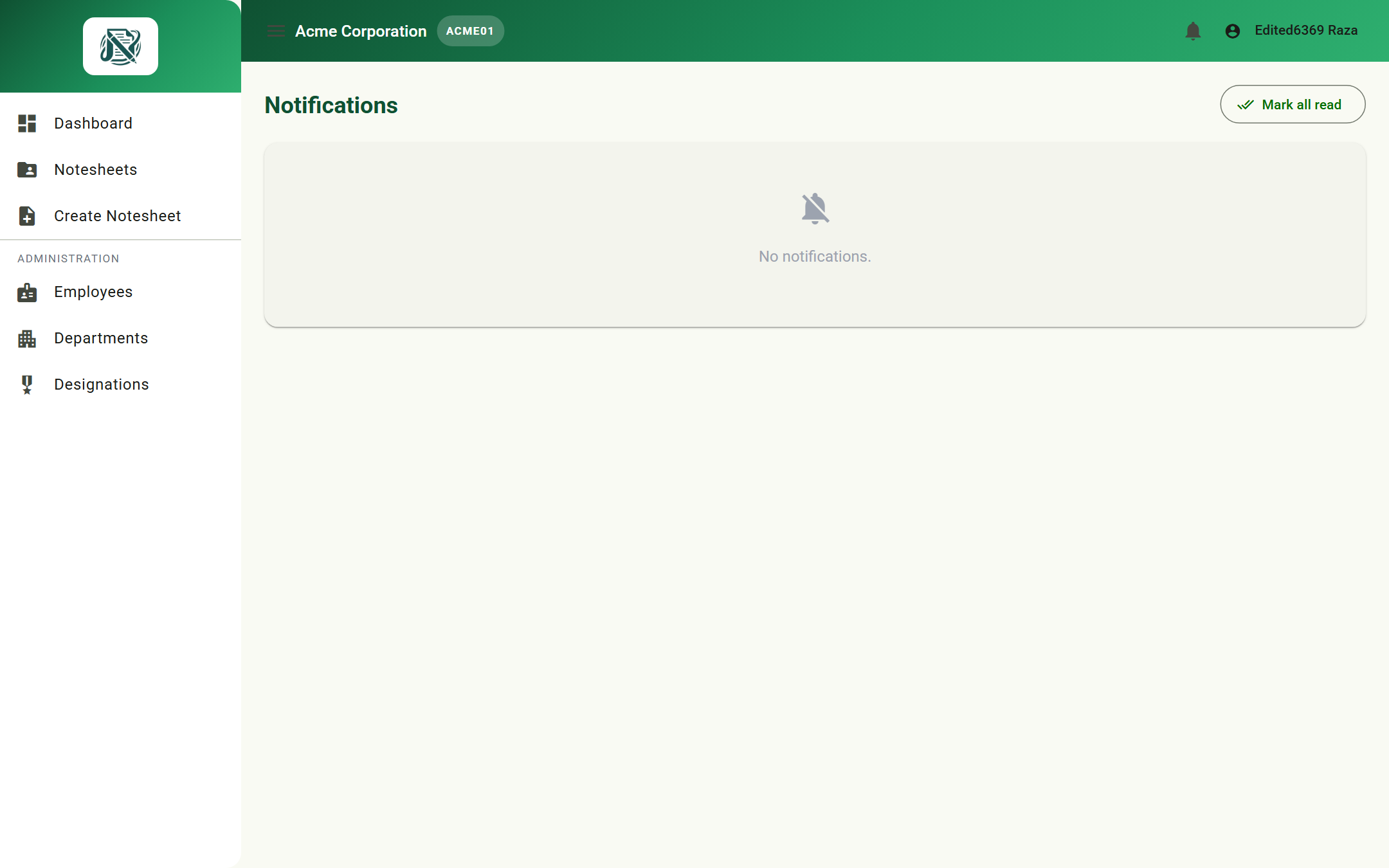 Notifications page with unread items