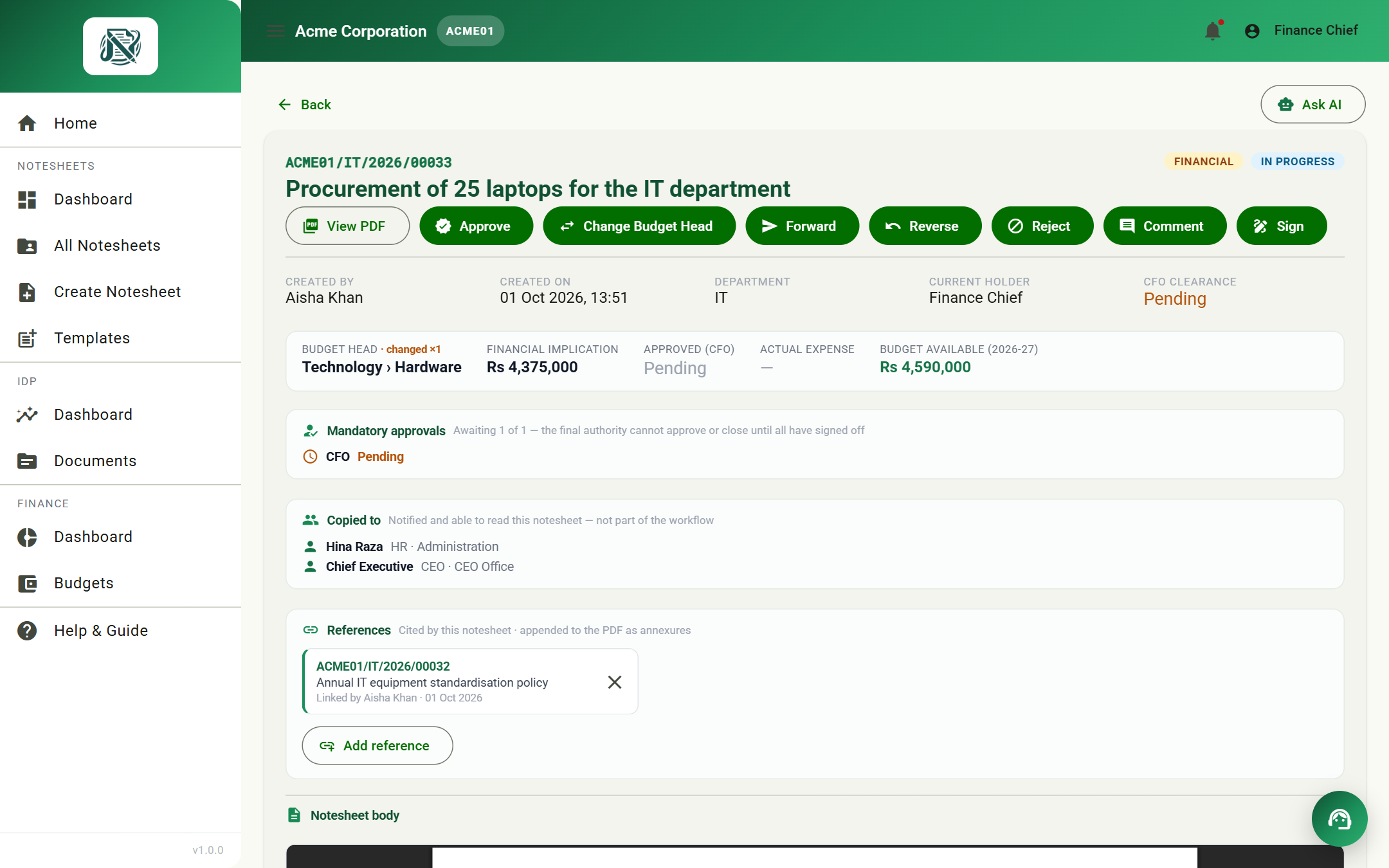 Prime IDP — notesheet detail with budget box, approvals and workflow actions
