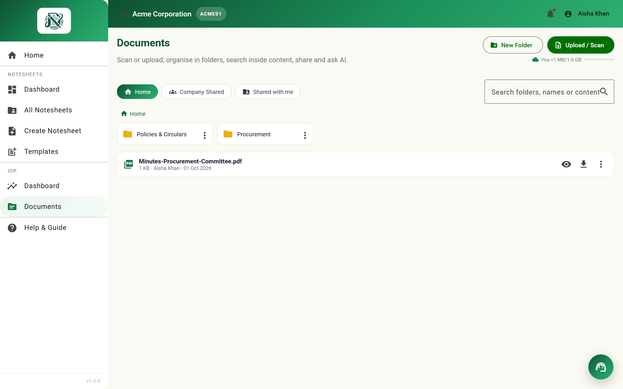 IDP document repository with folders, uploads and previews
